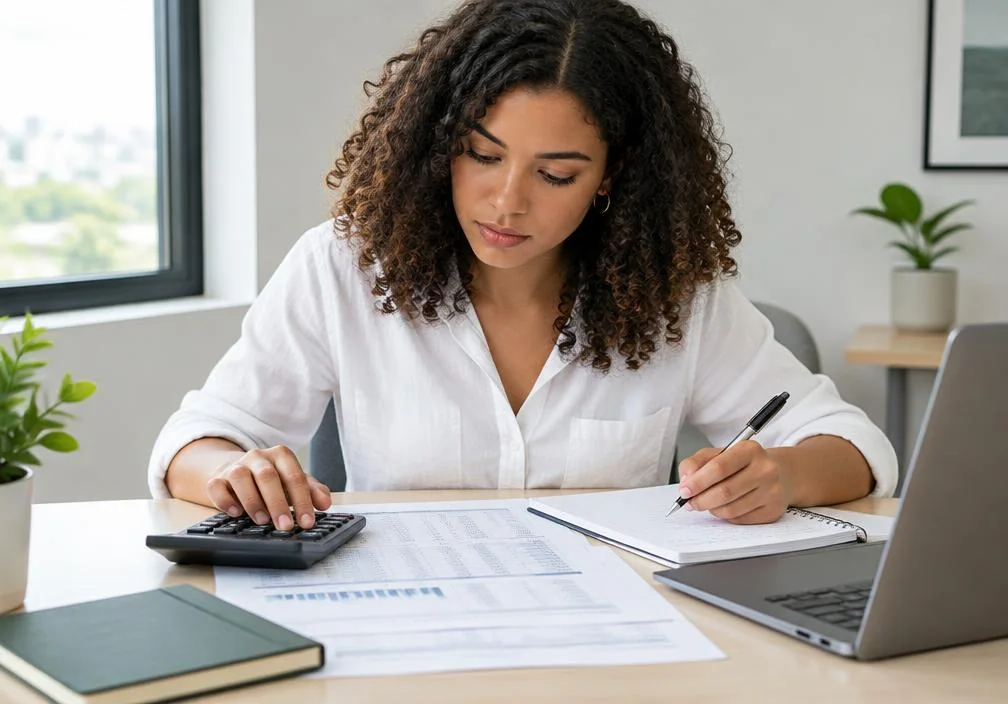 Estudante analisando planilhas com calculadora e notebook — imagem ilustrativa para Ciências Contábeis
