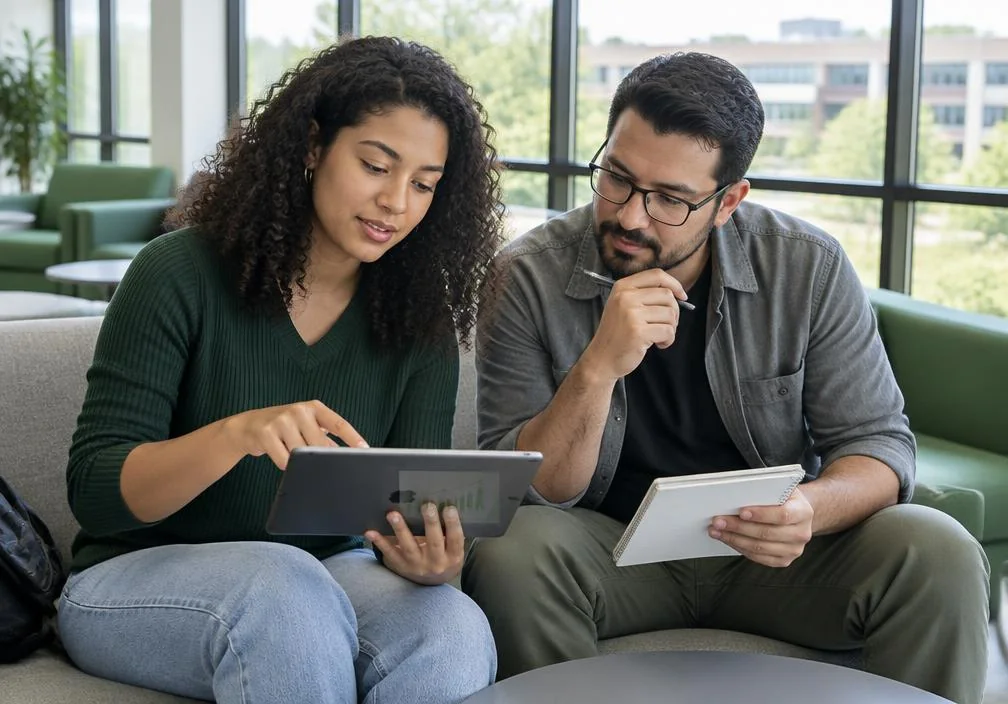 Estudantes analisando gráficos em um tablet — imagem ilustrativa para Ciências Econômicas