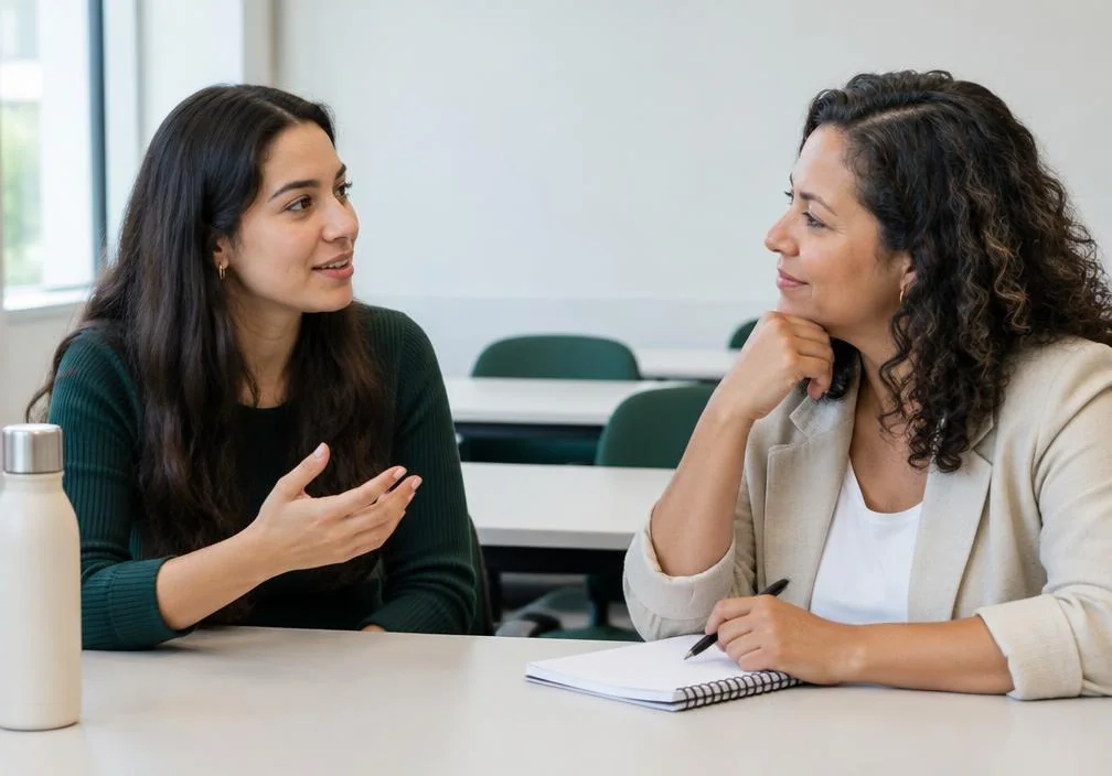 Estudantes em uma conversa sobre desenvolvimento humano — imagem ilustrativa para Coaching e Desenvolvimento Humano